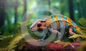 Colorful chameleon on a branch. Close-up. Wildlife Concept. Background with Copy Space.