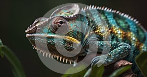 Colorful chameleon on a branch. Close-up. Wildlife Concept. Background with Copy Space.