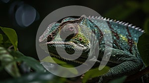 Colorful chameleon on a branch. Close-up. Wildlife Concept. Background with Copy Space.