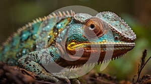 Colorful chameleon on a branch. Close-up. Wildlife Concept. Background with Copy Space.