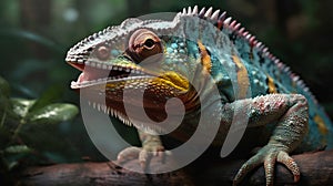 Colorful chameleon on a branch. Close-up. Wildlife Concept. Background with Copy Space.