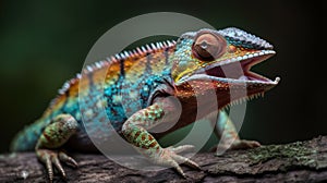 Colorful chameleon on a branch. Close-up. Wildlife Concept. Background with Copy Space.