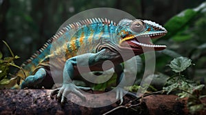 Colorful chameleon on a branch. Close-up. Wildlife Concept. Background with Copy Space.