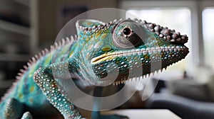 Colorful chameleon on a branch. Close-up. Wildlife Concept. Background with Copy Space.