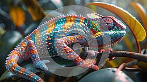 Colorful chameleon on branch - generative ai photo