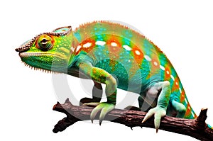 colorful chameleon lizard on tree branch. transparent background