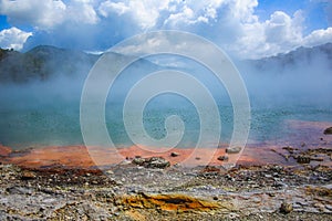 Colorful Champagne Pool at Wai-O-Tapu Thermal Wonderland near Rotorua, North Island, New Zealand