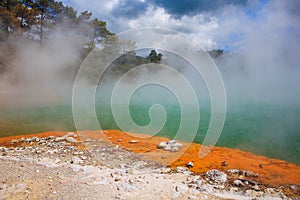 Colorful Champagne Pool at Wai-O-Tapu Thermal Wonderland near Rotorua, North Island, New Zealand