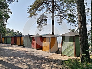 Colorful changing booths on the beach of Pihlajasaari in Helsinki, Finland