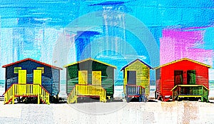 colorful changing huts on a beach in Muizenberg mixed media