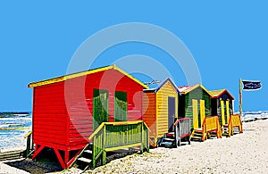 colorful changing huts on the beach in Muizenberg mixed media