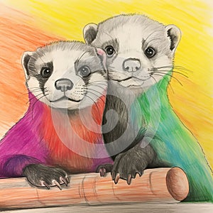 Colorful Charcoal Drawing Of Two Ferrets On Wooden Stick