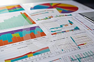 Colorful charts and graphs on white table background