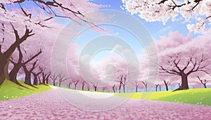 Colorful Cherry Blossom landscape. Cherry Blossom background template.