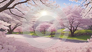 Colorful Cherry Blossom landscape. Cherry Blossom background template.