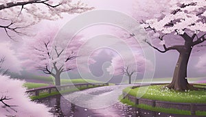 Colorful Cherry Blossom landscape. Cherry Blossom background template.