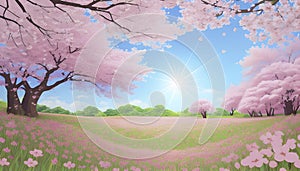 Colorful Cherry Blossom landscape. Cherry Blossom background template.