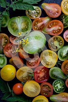 Colorful cherry tomatoes texture closeup on black background, selective focus