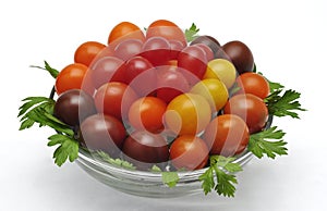 Colorful cherry tomatoes on a wooden background.