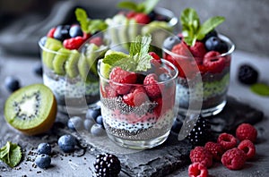 colorful chia pudding in glasses decorated with berries and kiwis