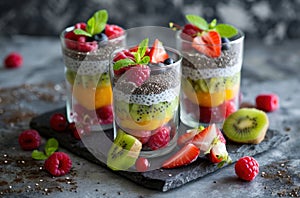 colorful chia pudding in glasses decorated with berries and kiwis