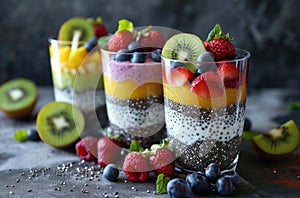 colorful chia pudding in glasses decorated with berries and kiwis