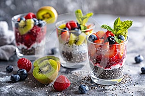 colorful chia pudding in glasses decorated with berries and kiwis