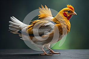Colorful chicken standing on a wooden table with a blurred background. generative ai