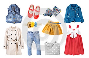 Colorful child girl`s clothes isolated on white.Set of fashion kid`s clothing