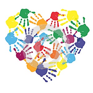 Colorful child hand prints in heart shape