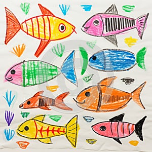 Colorful Child's Drawings Of Swimming Fish On Colored Paper