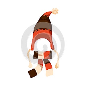 Colorful childish knitted chullo and scarf vector flat illustration. Warm winter hat with pompom decorated by strips