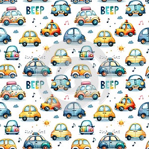 Colorful childish watercolor seamless pattern with cute cars and musical notes, saying \