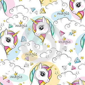 Colorful children background with cute little unicorn.