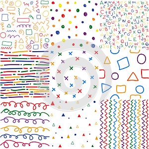 Colorful children hand drawn seamless patterns.