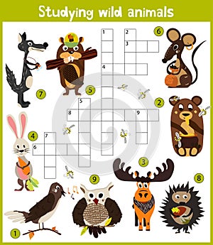 A colorful children's cartoon crossword, education game for children on the theme of exploring different species of wild animals o