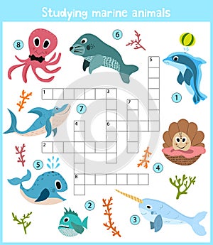 A colorful children's cartoon crossword, education game for children on the theme of sea animals and fishes living in the seas and