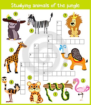 A colorful children's cartoon crossword, education game for children on the theme of the study of wild animals of the jungle and h
