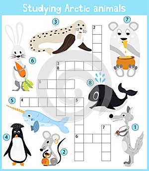 A colorful children's cartoon crossword, education game for children on the theme of studying Arctic animals living in the cold po