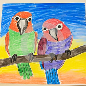 Colorful Children\'s Drawing Of Parrots On White Background