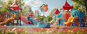 Colorful children's playground with vibrant slides and balloons under sunny sky