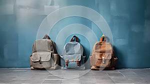 Colorful children's school backpacks on a wooden floor against a blue wall. Generative.