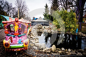 Colorful Children`s Train in Amusement Park in Kropyvnytskyi city