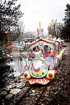 Colorful Children`s Train in Amusement Park in Kropyvnytskyi city