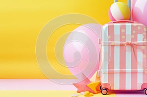 Colorful children suitcase and pink balloons. Stylish kids luggage bag. Travel and vacation concept yellow background with empty