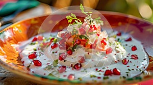 A colorful chiles en nogada platter with walnut sauce and pomegranate, Ai Generated photo