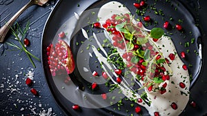 A colorful chiles en nogada platter with walnut sauce and pomegranate, Ai Generated photo