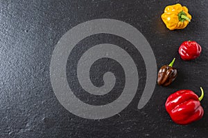 Colorful chili peppers isolated on a slate plate