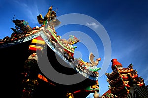 Colorful chinese buddhist temple with blue sky in Thailand