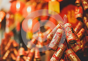 Colorful Chinese New Year lanterns and decorative firecrackers